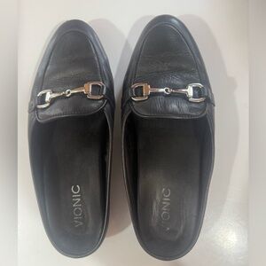 Vionic Black Leather Loafers with Silver Accent